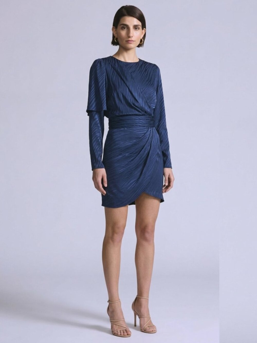 Ronny Kobo Shanaya Draped Silk Dress Navy L Cocktail
